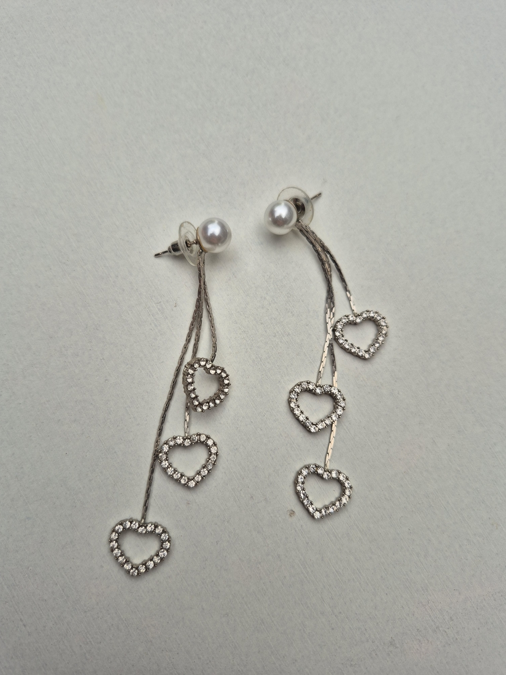 3 For $15!! Silver Pearl-Top Dangle Earrings with Rhinestone Heart Drops - Picture 4 of 5